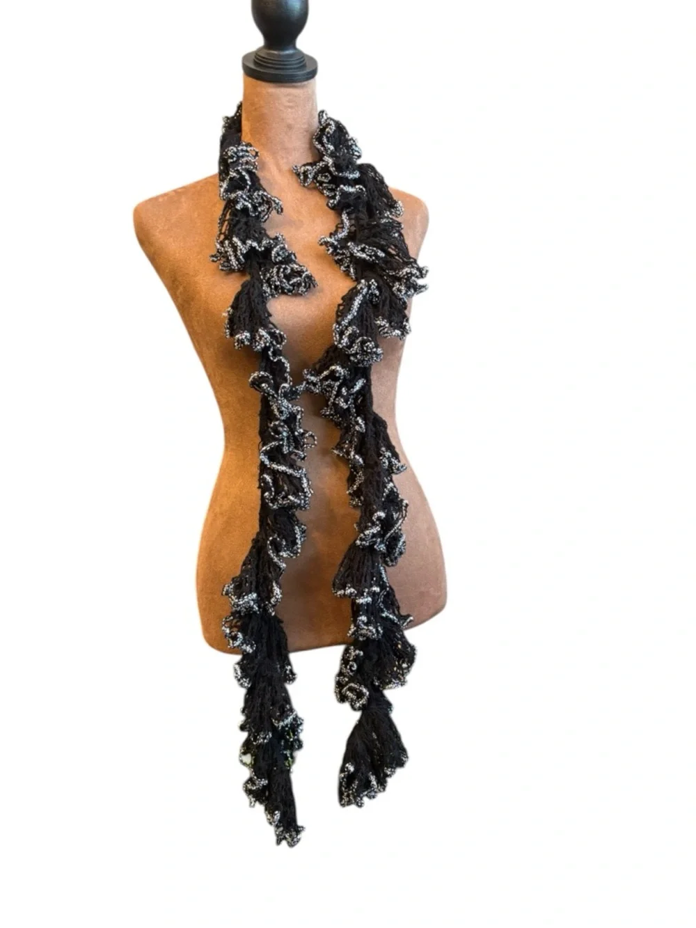 Black Silver Trim‎ Twisted Crochet Ruffled Scarf Long 66” Boho Boutique Preppy